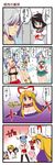  4koma 5girls comic cosplay dei_shirou disney gap highres kumoi_ichirin male_swimwear mickey_mouse morichika_rinnosuke multiple_girls murasa_minamitsu nazrin sailor swim_briefs swimwear thighhighs toramaru_shou touhou translated unzan wrestling yakumo_yukari 