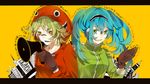  aqua_eyes aqua_hair bad_id bad_pixiv_id gloves green_eyes green_hair gumi hatsune_miku headphones highres hood hoodie long_hair matryoshka_(vocaloid) megaphone multicolored multicolored_eyes multiple_girls newo_(shinra-p) red_eyes short_hair smile twintails vocaloid yellow_eyes 