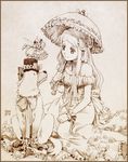  :d animal bare_shoulders bow clothed_animal corset dog face fairy frills graphite_(medium) hat kneeling long_hair meago mina_(meago) multiple_girls open_mouth original parasol smile traditional_media umbrella 