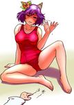  animal_ears barefoot breasts colorized dying_message feet flower greek_toe hair_flower hair_ornament hibiscus highres hot ishikkoro ji_(cosmicpirates) kemonomimi_mode large_breasts moriya_suwako one-piece_swimsuit purple_hair red_eyes red_swimsuit school_swimsuit short_hair sitting solo_focus spread_legs sweat swimsuit touhou waving yasaka_kanako 