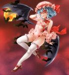  alternate_costume asanagi bare_shoulders bat bat_wings blue_hair bow brooch covered_navel covered_nipples detached_collar fangs fingernails flat_chest full_moon hat high_heels highres jewelry legs long_fingernails mob_cap moon night petite red_eyes remilia_scarlet ribbon-trimmed_legwear ribbon_trim see-through shoes short_hair sky smile solo star_(sky) starry_sky thighhighs touhou vampire white_legwear wings 