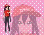  belt black_hair brown_eyes denim hat jeans k-on! long_hair nakano_azusa name_tag pants shoes smile sneakers solo sum_q twintails wallpaper zoom_layer 