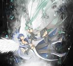  1girl angel_wings aqua_hair bad_id bad_pixiv_id black_legwear blue_hair boots couple covering_mouth hand_over_own_mouth hatsune_miku head_wings headset hetero high_heels holding_hands irono_(irtyu) kaito kneehighs long_hair open_mouth panties shoes short_hair skirt socks underwear very_long_hair vocaloid wings 
