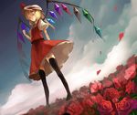  black_legwear blonde_hair cloud day dutch_angle flandre_scarlet flower hat mary_janes petals ponytail red_eyes red_flower red_rose rose rose_petals shoes solo thighhighs touhou wings yasumo_(kuusouorbital) zettai_ryouiki 