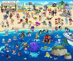  6+girls ball beach black_hair blonde_hair brown_hair day food fruit green_hair long_hair multiple_boys multiple_girls one_eye_closed pixel_art purple_hair red_hair sarong shorts smile swimsuit ujuju umbrella very_long_hair water watermelon whale white_hair 