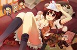  &gt;_&lt; :x =_= binoculars blush breasts brown_eyes brown_hair camera character_doll cleavage closed_eyes couch doll hakurei_reimu hat himekaidou_hatate ice_pack inubashiri_momiji legs looking_at_viewer lying medium_breasts open_mouth panties porurin quill shameimaru_aya sick socks solo tears thermometer tokin_hat touhou underwear white_panties yukkuri_shiteitte_ne 