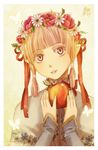  apple bangs blunt_bangs elf face food fruit hair_ornament hairband head_wreath holding holding_food holding_fruit meago original pink_eyes pointy_ears short_twintails solo twintails 
