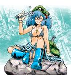  azuki_osamitsu backpack bag bikini blue_eyes blue_hair breasts cleavage gloves hair_bobbles hair_ornament kawashiro_nitori key large_breasts one_eye_closed power-up shiny shiny_clothes short_hair solo swimsuit touhou twintails two_side_up wrench 