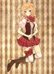  argyle argyle_background bad_id bad_pixiv_id blonde_hair boots bow brown_eyes choker hair_bow highres knee_boots long_hair looking_at_viewer monaco_(rmn02) original over-kneehighs ribbon ribbon_choker skirt smile solo striped striped_background thigh_ribbon thighhighs 