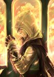  assassin's_creed_(series) assassin's_creed_ii cape closed_eyes ezio_auditore_da_firenze gloves highres hood male_focus praying solo vambraces 