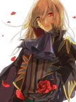  bad_id bad_pixiv_id blonde_hair brown_eyes cravat flower gloves heterochromia jacket male_focus petals red_eyes red_flower red_rose richard_(tales) rose rose_petals simple_background solo tales_of_(series) tales_of_graces three_plates white_background 