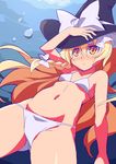  9law :/ bikini blonde_hair blush bow braid flat_chest hand_on_headwear hat jitome kirisame_marisa long_hair looking_up navel oekaki solo swimsuit touhou underwater witch_hat yellow_eyes 