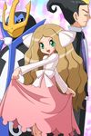  1girl black_hair blonde_hair bow bowtie brown_hair butler cattleya_(pokemon) dress empoleon formal frontier_brain gen_4_pokemon glasses gloves green_eyes hair_ribbon kokuran_(pokemon) long_hair lowres multicolored_hair pokemoa pokemon pokemon_(creature) pokemon_(game) pokemon_dppt pokemon_platinum ribbon skirt skirt_lift suit two-tone_hair wavy_hair 