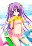  aono_ribbon bad_id bad_pixiv_id bikini bikini_skirt blue_eyes blush breasts cellphone cleavage innertube long_hair medium_breasts original phone purple_hair seiza shirt_lift sitting skirt solo swimsuit twintails 