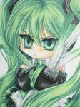  :&lt; chibi detached_sleeves green_eyes green_hair hands_in_opposite_sleeves hatsune_miku long_hair necktie solo spring_onion traditional_media twintails vocaloid 