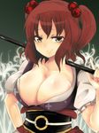  bad_id bad_pixiv_id bisuke blush breasts cleavage flower hair_bobbles hair_ornament hand_on_hip large_breasts onozuka_komachi red_hair short_hair smile solo touhou two_side_up 