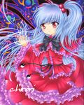  bad_id bad_pixiv_id blue_hair bow capelet chirori frills hair_bobbles hair_ornament long_hair magic marker_(medium) red_capelet red_eyes shinki side_ponytail solo touhou traditional_media very_long_hair wings yin_yang 