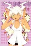  absurdres art_nouveau breasts cleavage dark_skin earrings flower green_eyes highres horns itou_noiji jewelry one_eye_closed open_mouth original short_hair small_breasts solo taurus teeth white_hair zodiac 