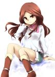  bad_id bad_pixiv_id boots brown_eyes brown_hair inazuma_eleven inazuma_eleven_(series) long_hair marimo_danshaku raimon_natsumi scarf shorts sitting smile solo 