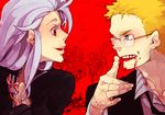  1girl blonde_hair blue_eyes dorohedoro eating face-to-face food fork glasses noi_(dorohedoro) pasta red_eyes scar shin_(dorohedoro) smile spaghetti stitches white_hair zorim 