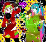  amina12_(pixiv281404) aqua_hair bad_id bad_pixiv_id blue_hair colorful crazy_eyes gloves green_hair grin gumi hatsune_miku headphones highres hood hoodie long_hair matryoshka_(vocaloid) megaphone multicolored multicolored_eyes multiple_girls pantyhose short_hair smile twintails vocaloid 