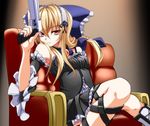  ankle_lace-up bad_id bad_pixiv_id blonde_hair cross-laced_footwear detached_sleeves gun handgun kamo_(yokaze) long_hair original pistol red_eyes ribbon sitting solo trigger_discipline weapon 