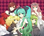  akujiki_musume_conchita_(vocaloid) alternate_hairstyle aqua_eyes aqua_hair argyle argyle_background banica_conchita blonde_hair blue_eyes brown_eyes brown_hair checkered checkered_background dress evillious_nendaiki flower green_eyes green_hair gumi hair_flower hair_ornament hair_ribbon hairclip hatsune_miku head_wreath just_be_friends_(vocaloid) kagamine_rin kagamine_rin_(roshin_yuukai/hard_rkmix) long_hair megurine_luka meiko messy_hair multiple_girls pink_hair red_dress ribbon roshin_yuukai_(vocaloid) school_uniform serafuku short_hair smile songover twintails vocaloid world_is_mine_(vocaloid) xuanlu_(likelihood) yowamushi_mont-blanc_(vocaloid) 