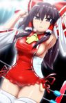  alternate_costume armpits arms_up bad_id bad_pixiv_id black_hair borrowed_design breasts detached_sleeves hakurei_reimu highres hyudora large_breasts long_hair red_eyes shirt sideboob solo taut_clothes taut_shirt thighhighs touhou tsurime wrestling_ring 