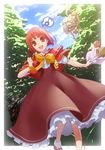  2girls :d akai_ringo_(ookami-san) animal_costume animal_ears apple bangs basket big_bad_wolf_(grimm) blunt_bangs bob_cut bow capelet costume dress food forest fruit grimm's_fairy_tales hunter_(little_red_riding_hood) kousou little_red_riding_hood little_red_riding_hood_(grimm) looking_at_viewer morino_ryoushi multiple_girls musical_note nature object_namesake ookami-san ookami_ryouko open_mouth red_eyes red_hair short_hair slingshot smile tail wolf_ears wolf_tail 