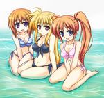  barefoot bikini blonde_hair blue_eyes breasts brown_hair cleavage fate_testarossa front-tie_top kneeling long_hair lyrical_nanoha mahou_shoujo_lyrical_nanoha_strikers medium_breasts multiple_girls murasaki_atsushi ponytail red_eyes short_hair side-tie_bikini side_ponytail submerged swimsuit takamachi_nanoha water yagami_hayate 