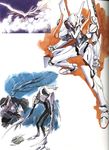  blue_sky character_name cityscape clenched_hands cloud concept_art day diving eva_00 fighting_stance flying highres legs_apart light_rays mecha multiple_views neon_genesis_evangelion no_humans sadamoto_yoshiyuki sky sunbeam sunlight translation_request underwater 