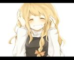 blonde_hair blush bow braid closed_eyes grin hair_bow hair_twirling hand_in_hair kirisame_marisa letterboxed mono_(recall) side_braid simple_background smile solo touhou upper_body 