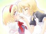  alice_margatroid apron blonde_hair blue_eyes blush braid capelet closed_eyes cookie food fumotono_mikoto grin hairband kirisame_marisa multiple_girls profile ribbon smile touhou yuri 