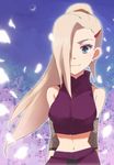  aqua_eyes arms_behind_back banned_artist blonde_hair blush cherry_blossoms earrings fishnets hair_ornament hair_over_one_eye hairclip jewelry long_hair midriff miniskirt naruto naruto_(series) ponytail skirt solo standing yamanaka_ino yokige 