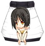  akino_sora bad_id bad_pixiv_id bare_shoulders barefoot bed between_thighs black_hair camisole fisheye foreshortening from_above knees_together_feet_apart looking_at_viewer orange_eyes original perspective pov red_eyes short_hair shorts sitting sketch solo strap_slip v_arms 