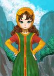  bad_id bad_pixiv_id blue_eyes blue_sky brown_hair closed_mouth cloud curly_hair day dragon_quest dragon_quest_vii dress hands_on_hips hood long_hair long_sleeves looking_at_viewer maribel_(dq7) mountain outdoors pon sky solo 