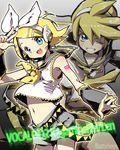  1girl belt blonde_hair blue_eyes brother_and_sister choco_(moyasi) fang highres kagamine_len kagamine_rin midriff one_eye_closed sailor_collar salute shorts siblings smile twins v vocaloid 