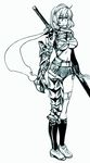  aqua armor bow_(bhp) braid breasts highres large_breasts monochrome original serious side_braid socks solo sword underboob weapon 