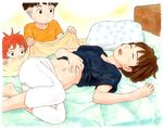  2girls bad_id bad_pixiv_id bed brown_hair gake_no_ue_no_ponyo jas lisa_(ponyo) mother_and_son multiple_girls navel ponyo saliva short_hair sleeping sousuke_(ponyo) 