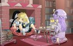  aya_no_shika barefoot blonde_hair blush book bookshelf braid cake cup fireplace food hat kirisame_marisa long_hair multiple_girls pastry patchouli_knowledge pillow purple_eyes purple_hair short_hair tea teacup teapot touhou witch_hat yellow_eyes 