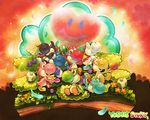  banana book colorful copyright_name egg flower food fruit grapes heart holding holding_food holding_fruit mario_(series) no_humans smile sui_(petit_comet) super_mario_bros. tree watermelon yoshi yoshi_egg 