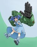  :d backpack bag blue_eyes blue_hair boots hair_bobbles hair_ornament hat kawashiro_nitori key mechanical_arm open_mouth phenne pocket short_hair smile solo touhou twintails two_side_up 