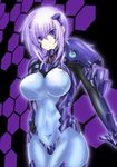  armor bangs black_background blue_eyes bodysuit breasts covered_navel covered_nipples cowboy_shot cryska_barchenowa gloves hair_between_eyes hand_on_hip honeycomb_(pattern) honeycomb_background kilina large_breasts light_smile long_hair looking_at_viewer muvluv muvluv_alternative muvluv_total_eclipse outline pauldrons pilot_suit skin_tight smile solo white_hair 