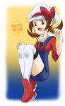  artist_request brown_eyes brown_hair cabbie_hat copyright_name hat hat_ribbon highres kotone_(pokemon) overalls pokemon pokemon_(game) pokemon_hgss red_ribbon ribbon short_twintails socks solo thighhighs twintails venus_symbol 