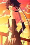  back backless_outfit bare_back black_hair bleach fingernails gloves highres looking_back pua railing scan short_hair_with_long_locks slender solo sui-feng sunset 