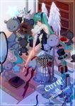  angel_wings animal_ears aoko_(torisoboro) apple aqua_eyes aqua_hair bad_id bad_pixiv_id cage candy cat feathers food fruit hair_ribbon hat hatsune_miku key leg_hug long_hair mirror pillow ribbon shoes sitting solo stairs stuffed_animal stuffed_toy top_hat treasure_chest twintails vocaloid wings 