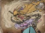  alcohol chains female gourd horns ibuki_suika long_hair oni orange_hair sake tongue touhou watercolor 