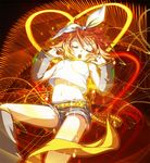  belt blonde_hair bow closed_eyes double_click_(artist) hair_bow heart kagamine_rin midriff navel neon_lights open_mouth sailor_collar short_hair short_shorts shorts solo vocaloid 