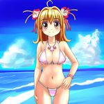  bikini blonde_hair bracelet breasts brown_eyes cameltoe cleavage day flower groin hand_on_hip jewelry large_breasts mermaid_melody_pichi_pichi_pitch miru nanami_lucia necklace o-ring o-ring_top short_hair solo swimsuit thigh_gap 