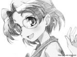  from_side glasses gofu greyscale kiyosumi_school_uniform monochrome saki school_uniform serafuku short_hair smile solo someya_mako traditional_media 